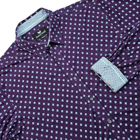 Buttercloth Other - Buttercloth Button Up Shirt Mens 2XL Purple‎ Geometric Knit Stretch Regular Fit